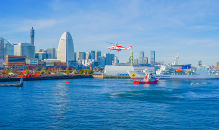 Minato Mirai and rescue helicopters. Shooting Location: Naka Ward, Yokohama Cityの写真素材