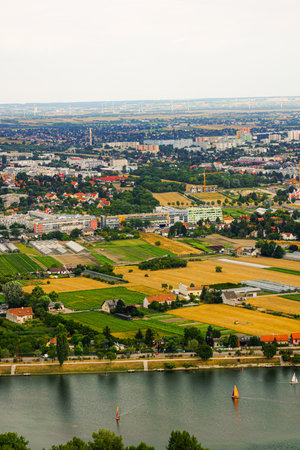 Farmland and river panorama. Shooting Location: Vienna, Austriaの写真素材