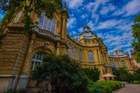 The exterior of the hot spring palace under the blue sky. Shooting Location: Budapest, Hungaryの写真素材