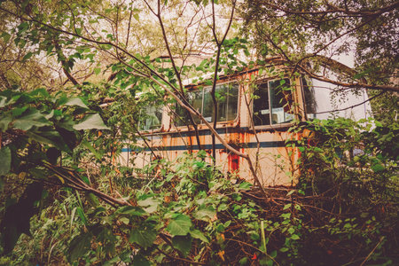 Discolored film on abandoned vehicle. Shooting Location: Hakodate City, Hokkaidoの写真素材