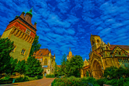 Blue sky and inspired castle (Hungary). Shooting Location: Budapest, Hungaryの写真素材