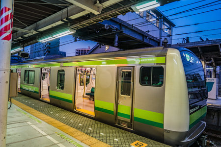 Train on the platform at dusk. Shooting Location: Kanagawa Ward, Yokohama City
