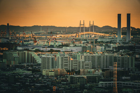 Bay Bridge at sunset. Shooting Location: Kawasaki City, Kanagawa Prefectureの写真素材