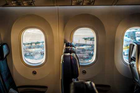Passenger plane window and airport scenery. Shooting Location: Ota Ward, Tokyo