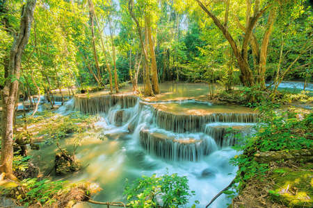 Erawan Waterfall, Kanchanaburi Province Thailand, natural waterfalls, beautiful green forests,の写真素材