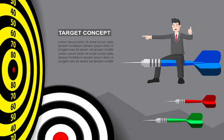 Businessman on target dart template for business goal. Shooting target market success solutions concept. Vector flat style illustration on grey background.のイラスト素材