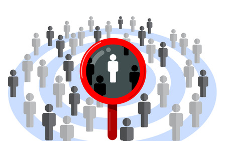 Target audience, find the right person. Magnifying glass and dartboard design vector concept isolated on white background.のイラスト素材