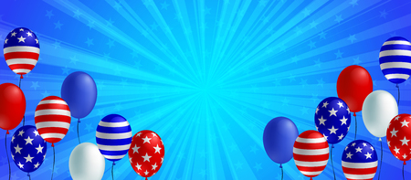 Blue color burst background poster flyer banner. American flag balloon vector design. Holiday celebration concept template.のイラスト素材