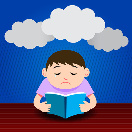 Man Read Book with Sad Face, Good Weather with Rainbow in Backgroundのイラスト素材