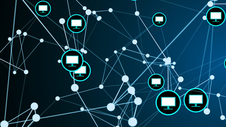 Computer screen monitor link connection network structure graphic illustration black and blue color....