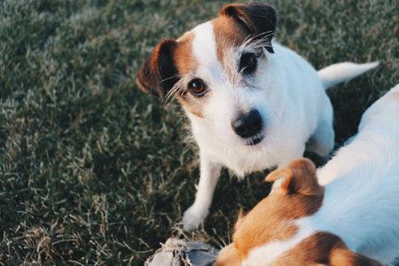 Two dogs playing with a ball.の写真素材