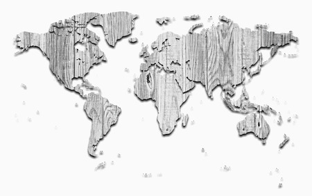 Gray wooden world map on white backgroundの写真素材
