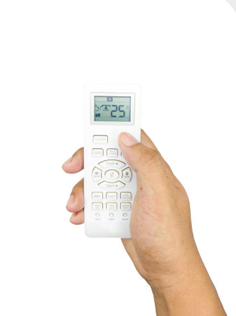 Hand holding remote control isolated on white backgroundの写真素材