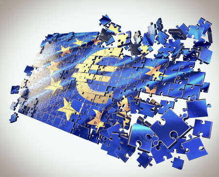 The European Union puzzle with Euro symbol points economic crisisの写真素材