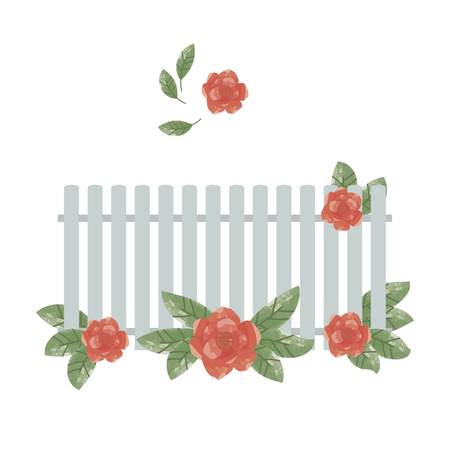 composition with red flowers and green leaves with fence on a white backgroundのイラスト素材
