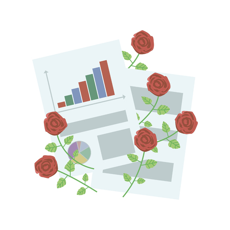 Composition of office sheets of paper with graphs and with red roses on a white backgroundのイラスト素材