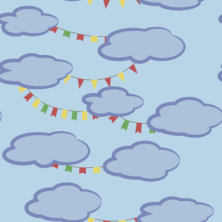 Painted cartoon contours of blue clouds with flags light seamless pattern.のイラスト素材