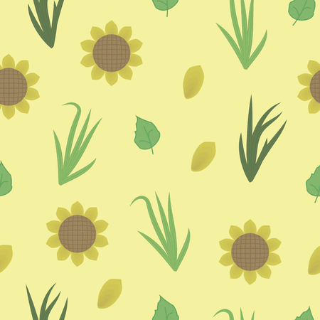 Yellow sunny sunflowers with green leaves and yellow petals and grasses on a yellow background seamless patternのイラスト素材