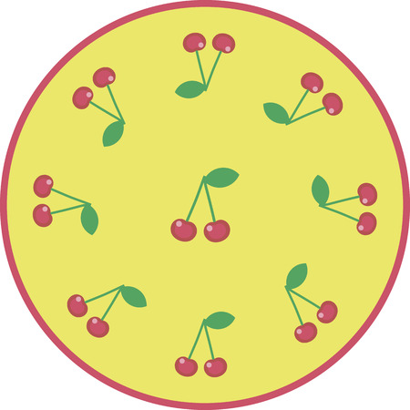 Round composition of cherries with green leaves on a yellow background with a red strokeのイラスト素材