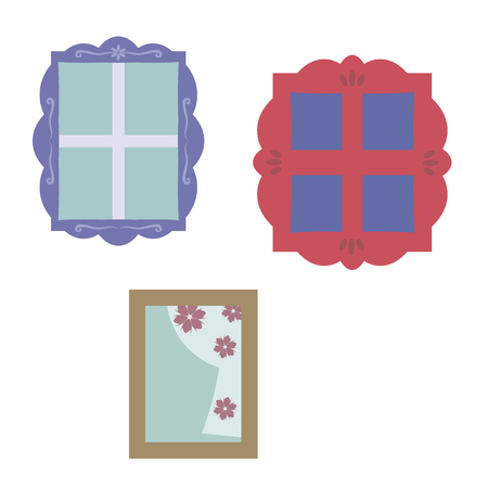 Windows with glass, wooden different colored figured frames with carvings on a white background.のイラスト素材