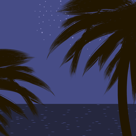 Black dark contours of leaves and trunks of palm trees on a blue background of a night tropical sea and sky.のイラスト素材