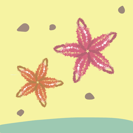 Red and orange big starfish on a tropical yellow sandy beach with pebbles and blue wave.のイラスト素材