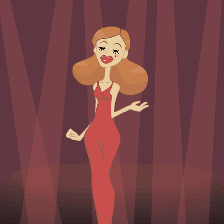 a red hair, pale skin and bright red lips girl in a red dress on a background of stage and searchlightsのイラスト素材