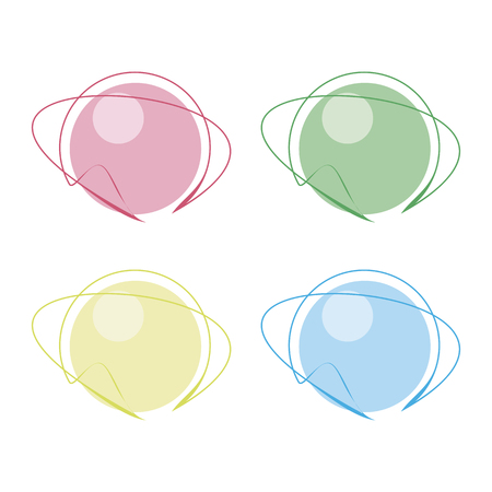 Multicolored colored red green yellow blue stylized round planet with emblem ring icons isolated on white background.のイラスト素材