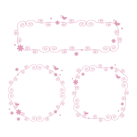 Pink vector girly cute beautiful frame with curls of butterflies flowers isolated on white backgroundのイラスト素材