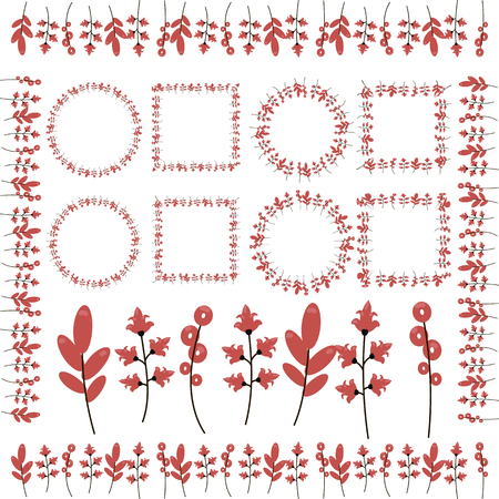 Twigs with red flowers ringlets leaves, frames and curbs isolated on white backgroundのイラスト素材