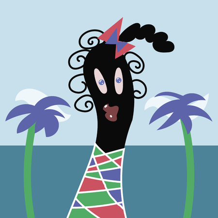 cute and cheerful positive joyful tropical little girl on palm and sea background illustrationのイラスト素材