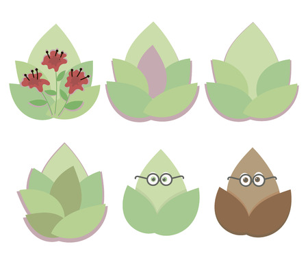 illustration of green sprouts and leaves with flowers and little eyes isolated on white backgroundのイラスト素材