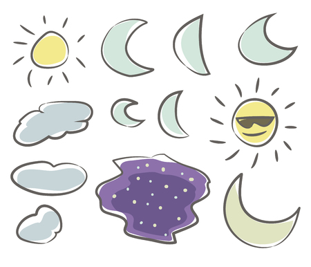 Several moon sun clouds and stars set of hand drawn vector isolated on white background.のイラスト素材