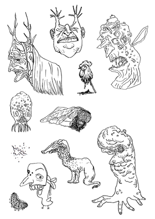 black hand-drawn silhouettes of different terrible horrifying monsters on a white backgroundの写真素材