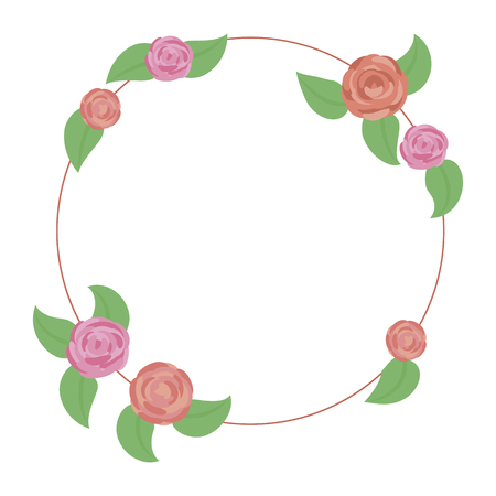 wreath of rounded pink and red roses with green leaves isolated on white backgroundのイラスト素材