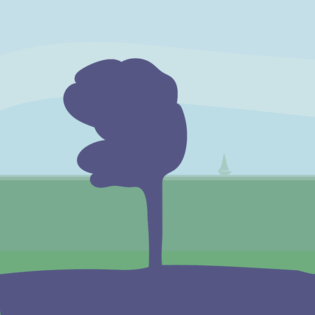Lonely purple blue tree in the wind against the backdrop of a distant sea horizon, lonely Boat under sailのイラスト素材