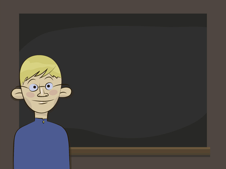 A blond boy an honors pupil standing near a black board in glasses and blue school uniform illustrationのイラスト素材