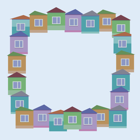 Vector illustration of colorful small houses with windows and roofs square blue borderのイラスト素材