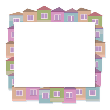 Vector illustration of colorful small houses with windows and roofs square borderのイラスト素材