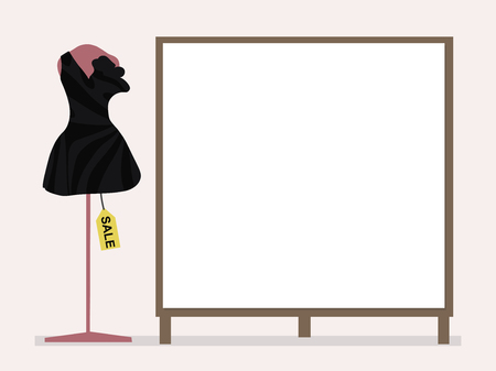 Black cocktail dress on a pink mannequin and tag sale next to a blank placard for inscriptions on a pale pink backgroundのイラスト素材