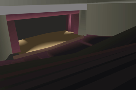 A empty wooden theater scene with a red curtain illuminated by bright officiants view from the upper left corner of a dark auditorium illustration horizontalのイラスト素材