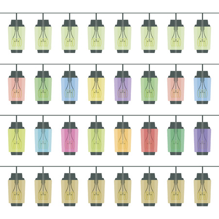 Lines of stripes of garlands adornment of the park of incandescent edison vintage rectangular lanterns of one-color and multi-colored glass set Vector illustration of isolated objects on white background.のイラスト素材
