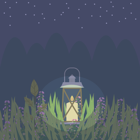 lantern burning with a candle on a clearing in the grass dark blue night forest sky with stars vector backgroundのイラスト素材