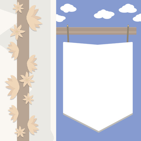 white signboard coat of arms on the street against a blue sky with clouds, corner of a white house wall and a tree trunk with peach flowers illustration vector illustration of a vectorのイラスト素材