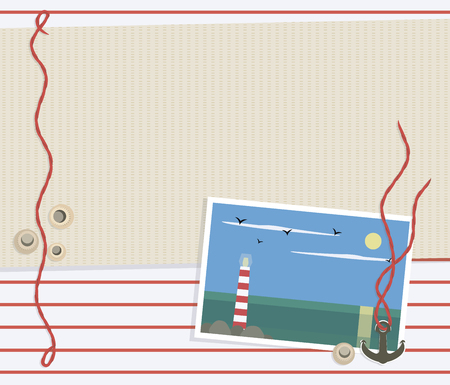 a sea striped red white background with a light beige mat, a red rope, round shells, a metal anchor and a photograph of the sea with a lighthouse on a rocky island, the sun and seagulls vectorのイラスト素材