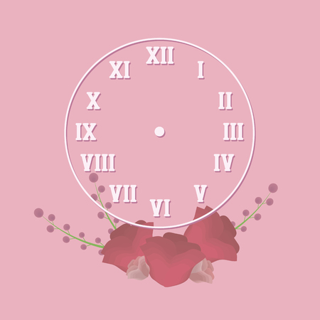 clock round with retro roman numerals white outline with shadow on romantic pink background with red flowers and twigs plants illustration vector drawing simpleのイラスト素材