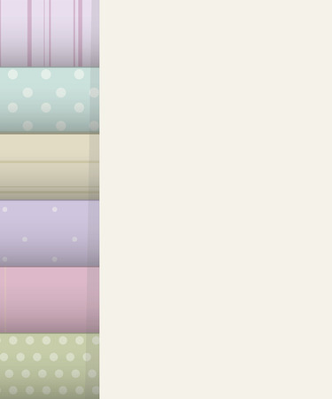 stack of colorful rolls rectangles with patterns in stripes and in a circle light cute set and a light blank strip for inscriptions on the right vector illustration background.のイラスト素材