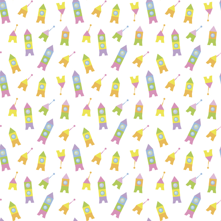 Space rockets and satellites multicolored from children playful cheerful cubes on a white background light vector seamless patternのイラスト素材