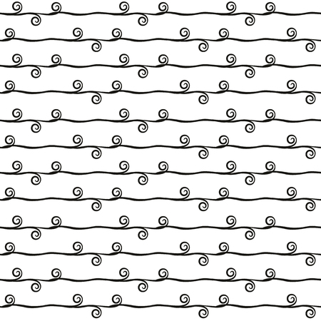 black and white seamless vector pattern with horizontal longitudinal stripes and spirals floral ornamentの写真素材