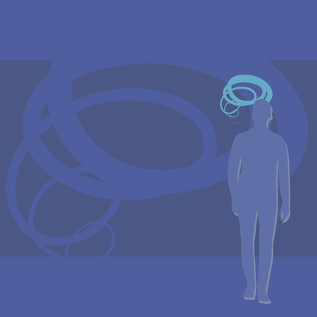 Blue silhouette of a man with a shadow on the right with a spiral of head on a background of doubled spiral meditations vector illustration.のイラスト素材